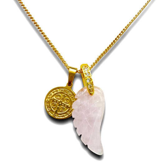 Angel Wing Blessing Necklace - Rose Quartz