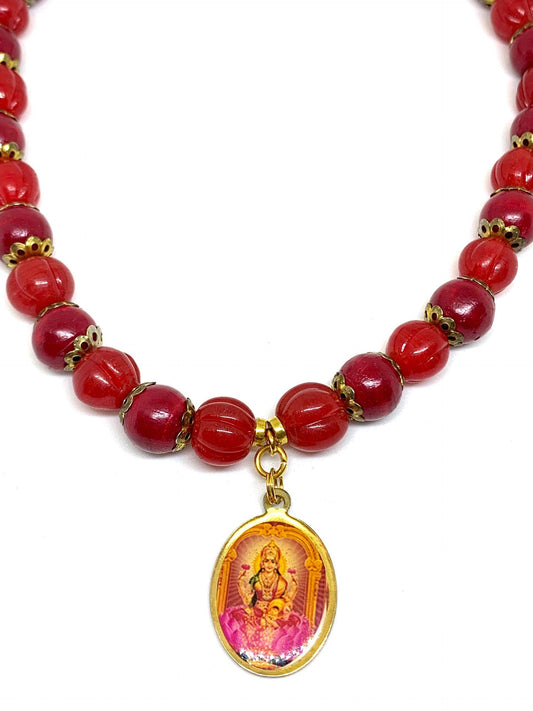 Ganesha Lotus Red Wood & Crystal Beaded Necklace