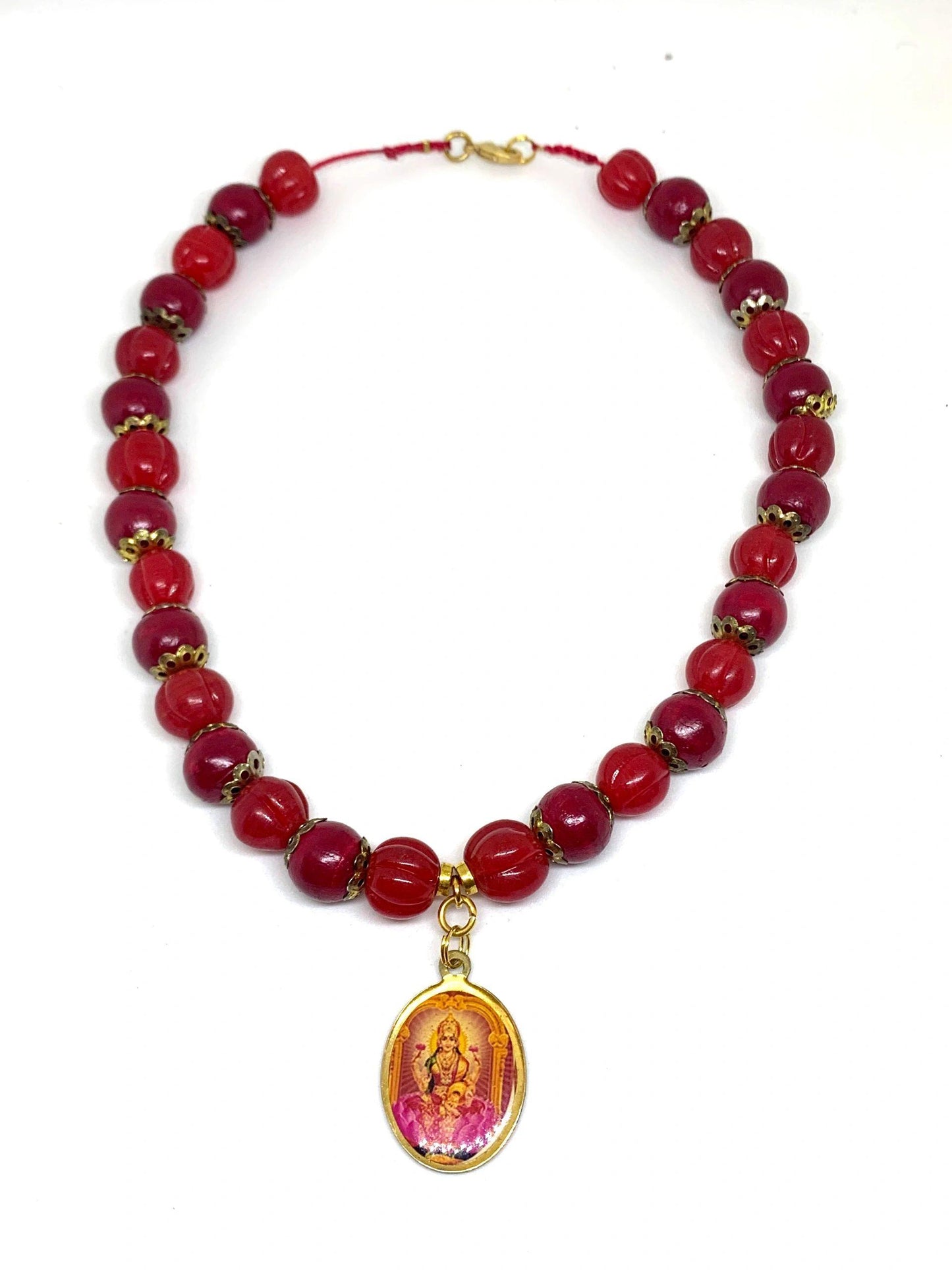 Ganesha Lotus Red Wood & Crystal Beaded Necklace