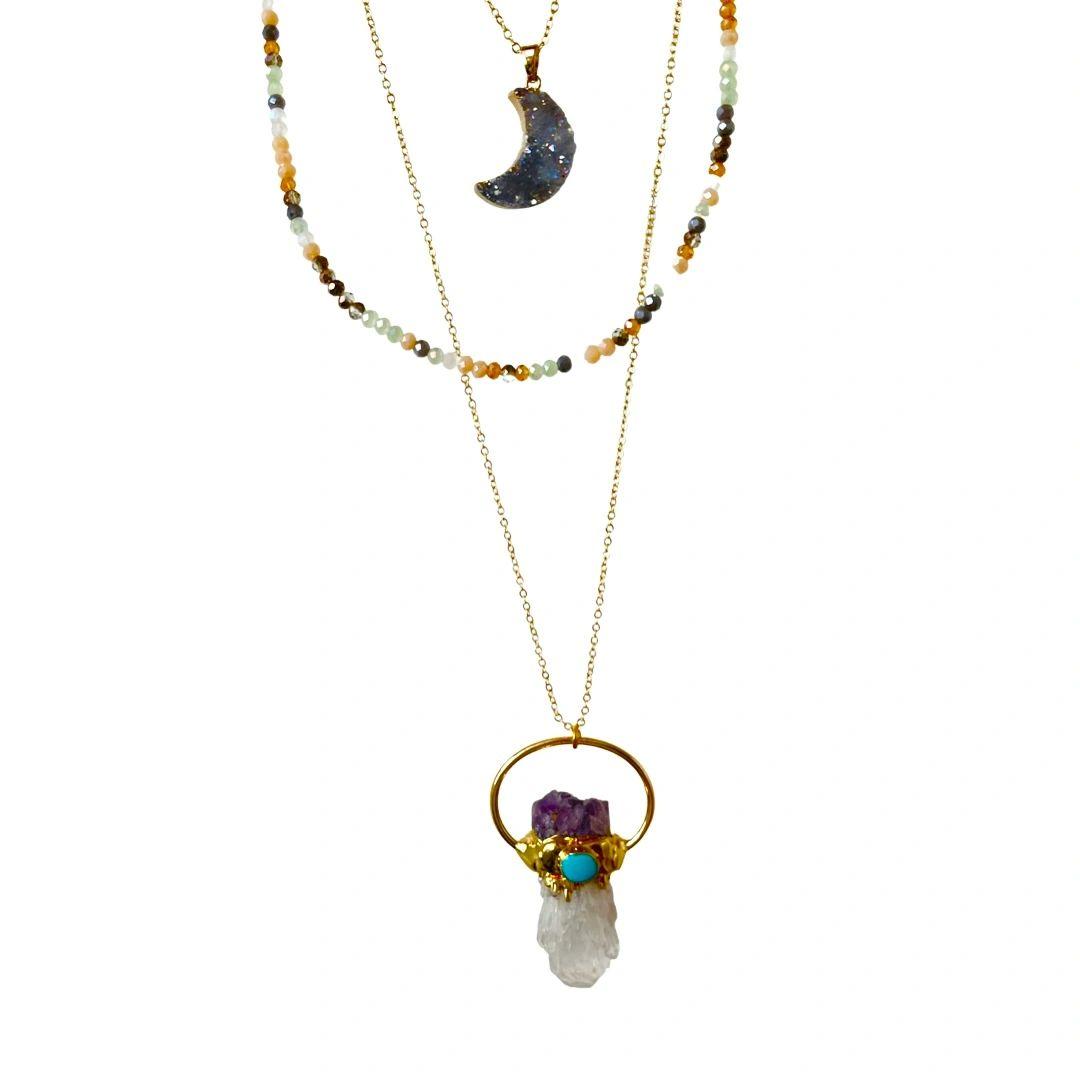 Crescent Moon Aura Crystal Necklace Set
