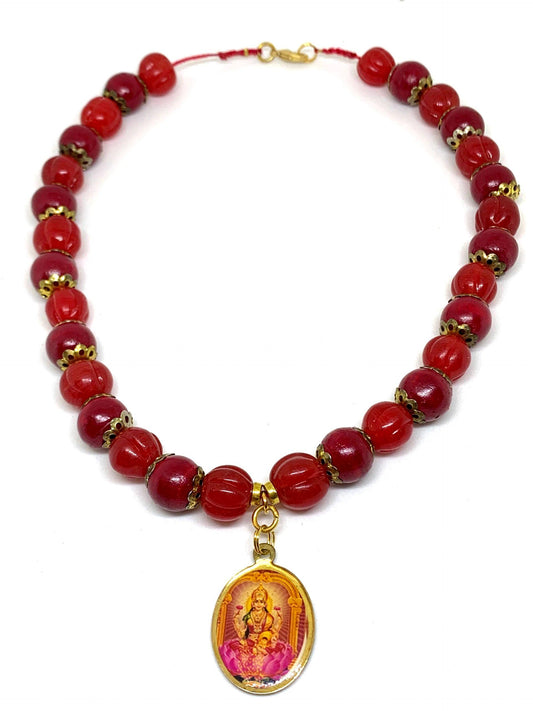 Ganesha Lotus Red Wood & Crystal Beaded Necklace