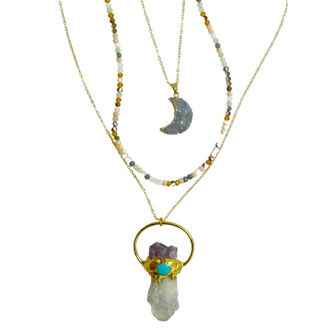 Crescent Moon Aura Crystal Necklace Set